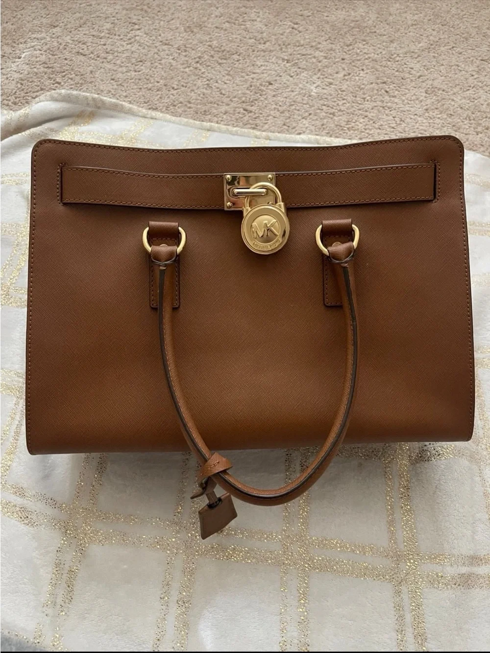 Michael Kors Cognac Saffiano Leather Satchel with Gold Accent